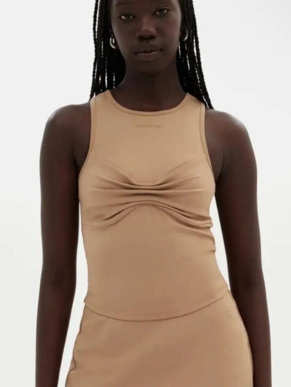 Girlfriend Collective Sleeveless Ruched Front Tank Top in Camel